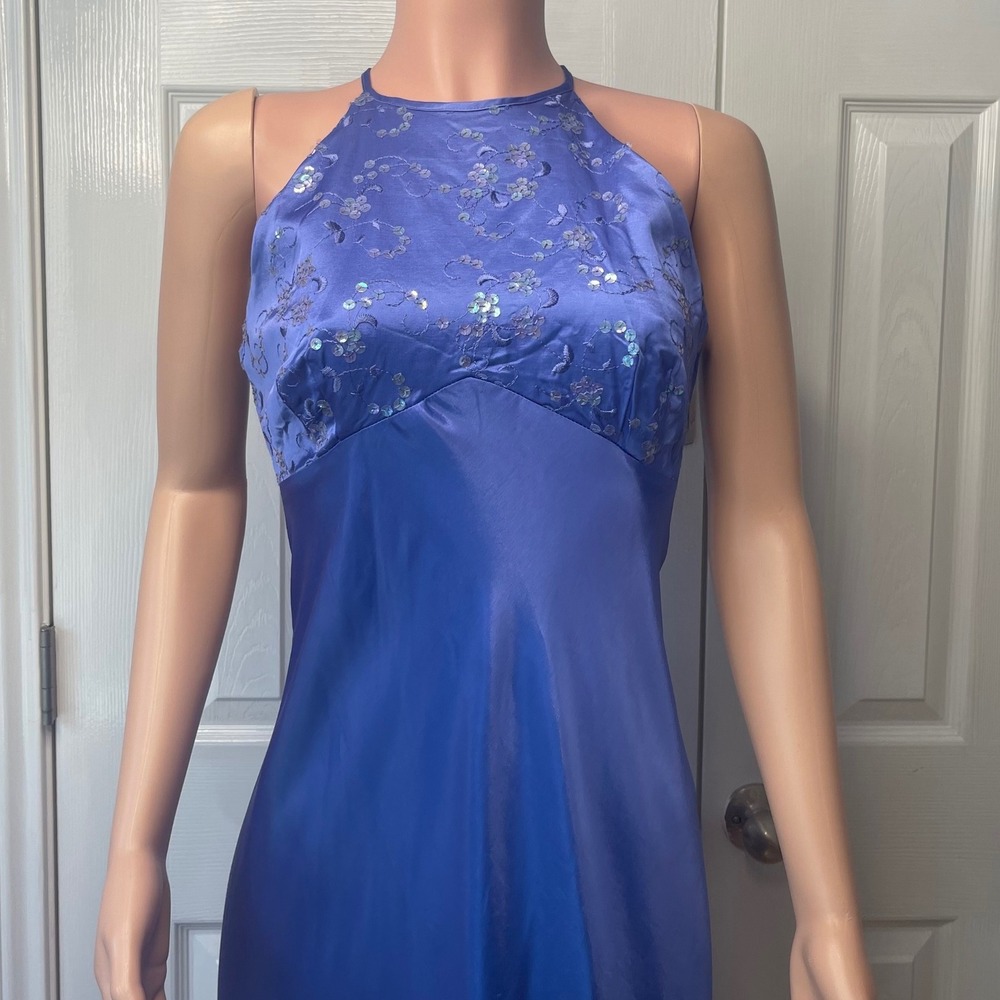 Zum Zum Satin Maxi Dress Blue Sequin Halter Open Back Vintage Y2K Formal 13-14 - Picture 5 of 16